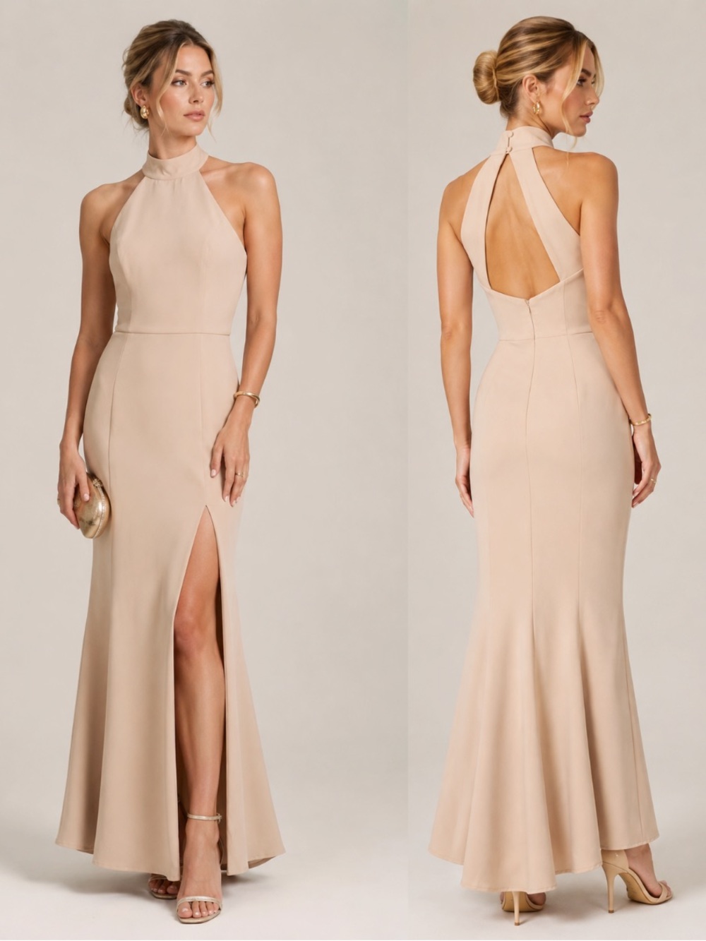 Amsale Halter Column Mermaid Maxi Dress Beige Neutral Bridesmaid Wedding Event 2